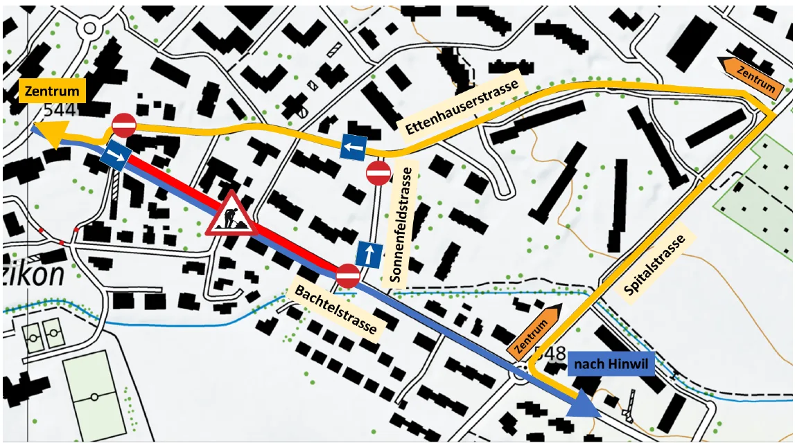 Man sieht eine Karte mit der Umleitung während der Zeit der Bauarbeiten an der Bachtelstrasse in Wetzikon.